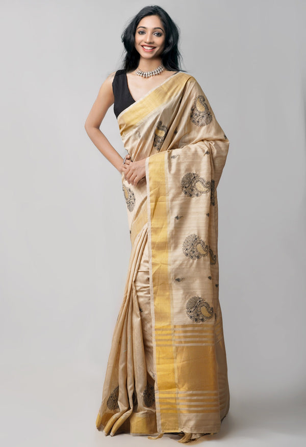 Online Shopping for Brown  Cross Stitched Embroidered Tussar Silk Saree with Embroidery from Chhattisgarh at Unnatisilks.comIndia
