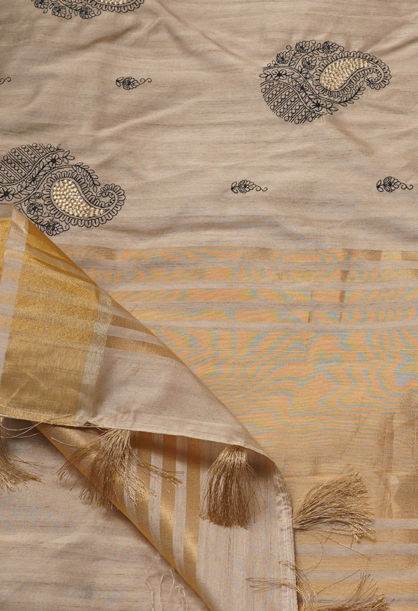 Brown  Cross Stitched Embroidered Tussar Silk Saree