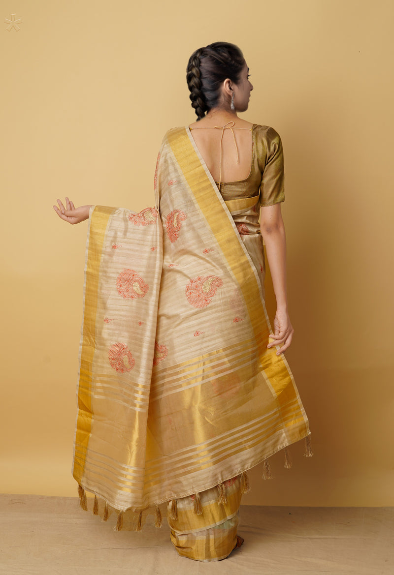 Brown  Cross Stitched Embroidered Tussar Silk Saree-UNM61676