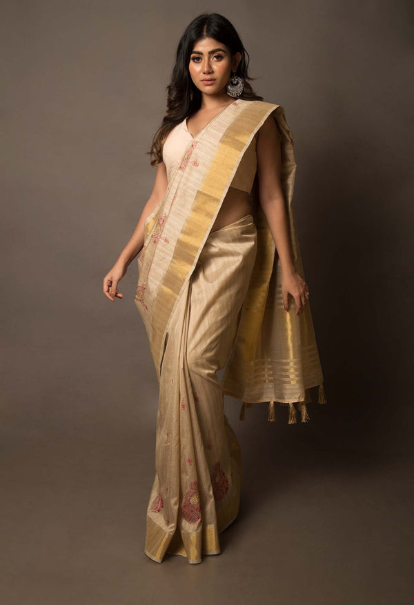 Online Shopping for Brown  Cross Stitched Embroidered Tussar Silk Saree with Embroidery from Chhattisgarh at Unnatisilks.comIndia