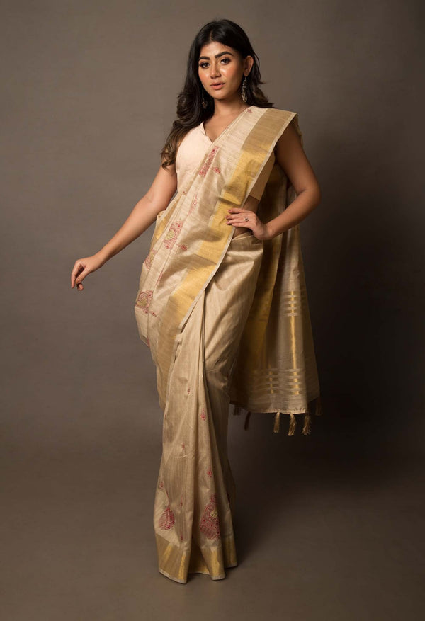 Brown  Cross Stitched Embroidered Tussar Silk Saree-UNM61677