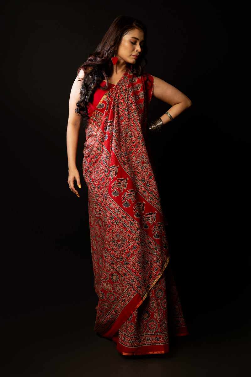 Online Shopping for Red Pure Ajrakh Mulmul Cotton Saree with Ajrakh from Rajasthan at Unnatisilks.comIndia
