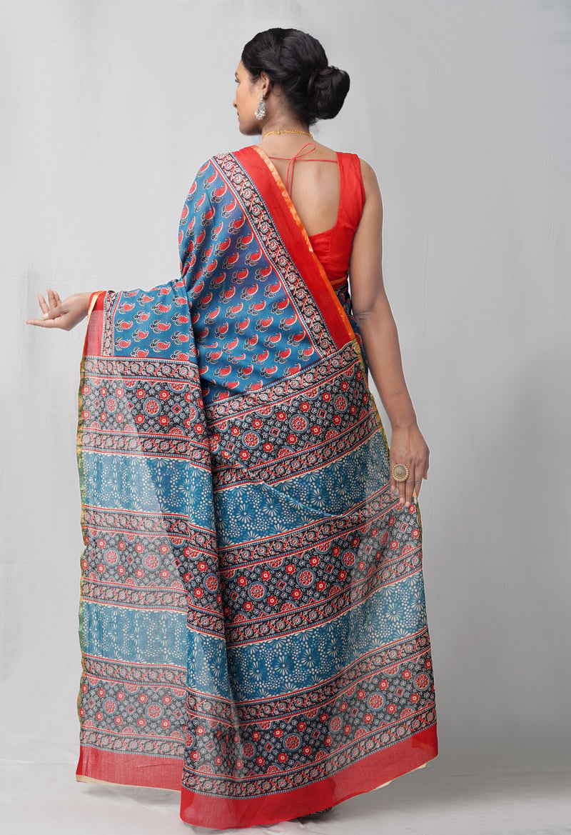 Online Shopping for Blue Pure Ajrakh Mulmul Cotton Saree with Ajrakh from Rajasthan at Unnatisilks.comIndia
