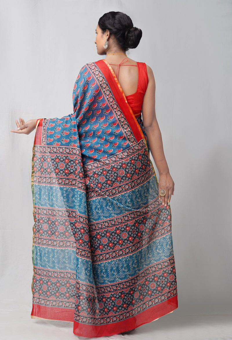 Online Shopping for Blue Pure Ajrakh Mulmul Cotton Saree with Ajrakh from Rajasthan at Unnatisilks.comIndia
