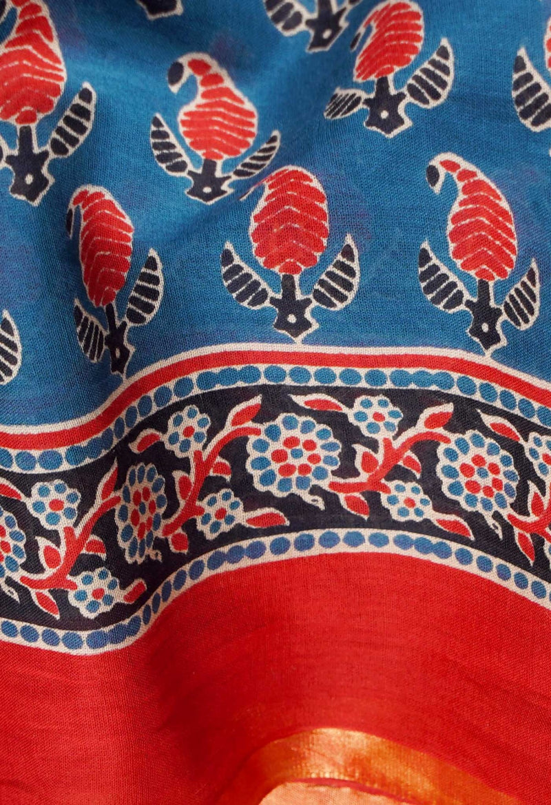 Blue Pure Ajrakh Mulmul Cotton Saree-UNM61684