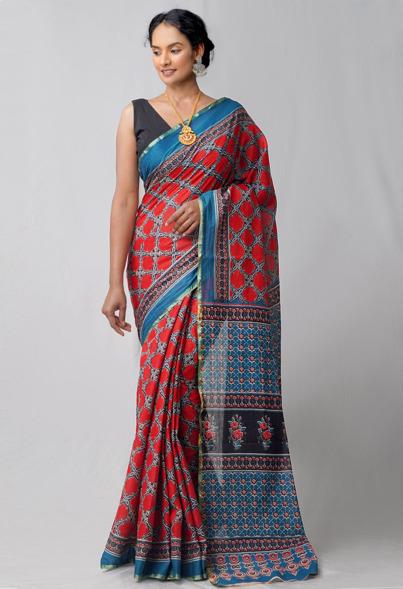Red Pure Ajrakh Mulmul Cotton Saree-UNM61685
