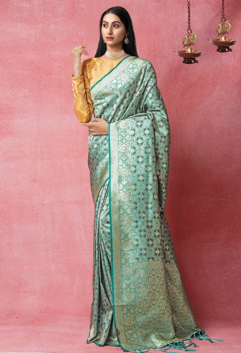 Online Shopping for Green  Banarasi Silk Saree with Weaving from Tamil Nadu at Unnatisilks.comIndia
