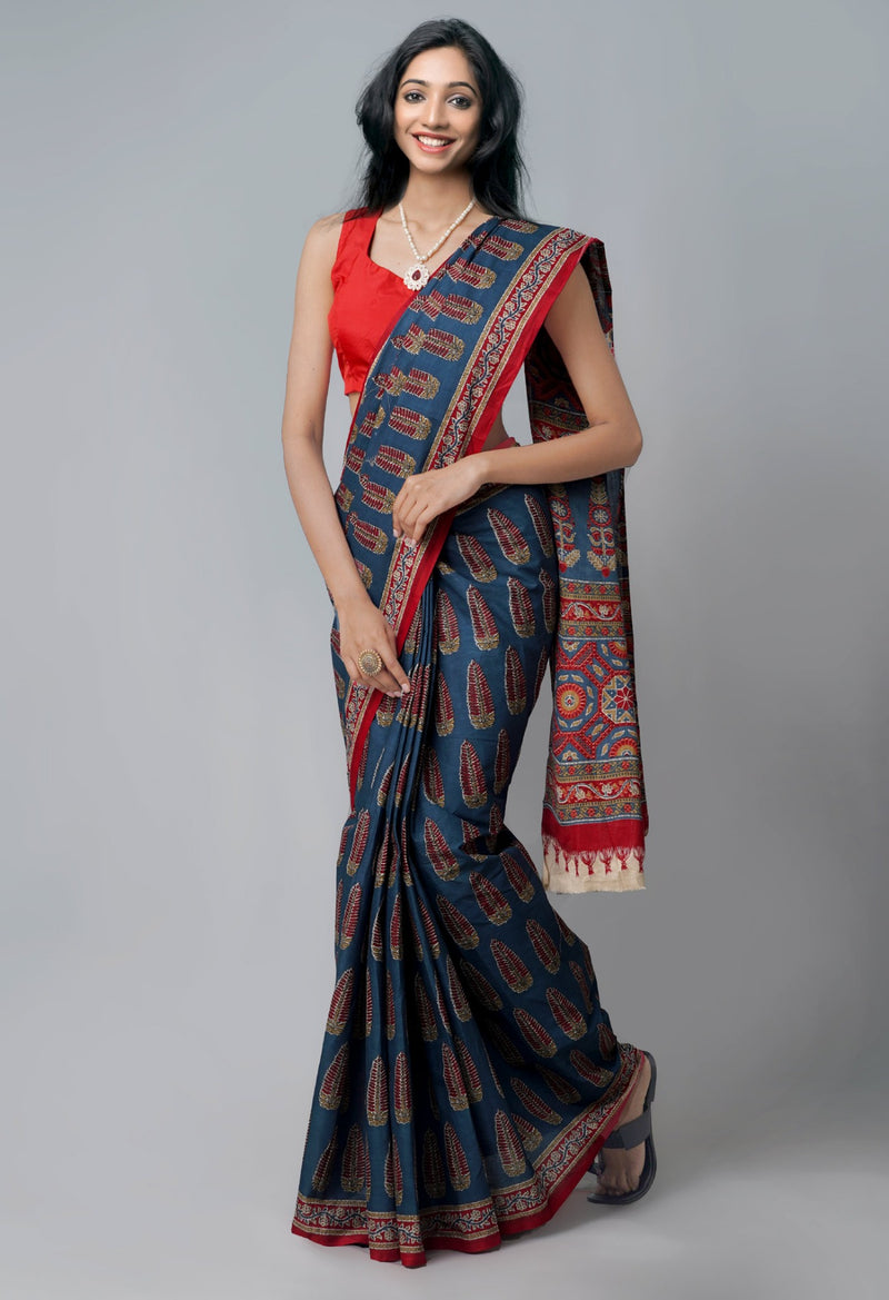 Grey Pure Block Printed Superfine Krisha Cotton Saree
