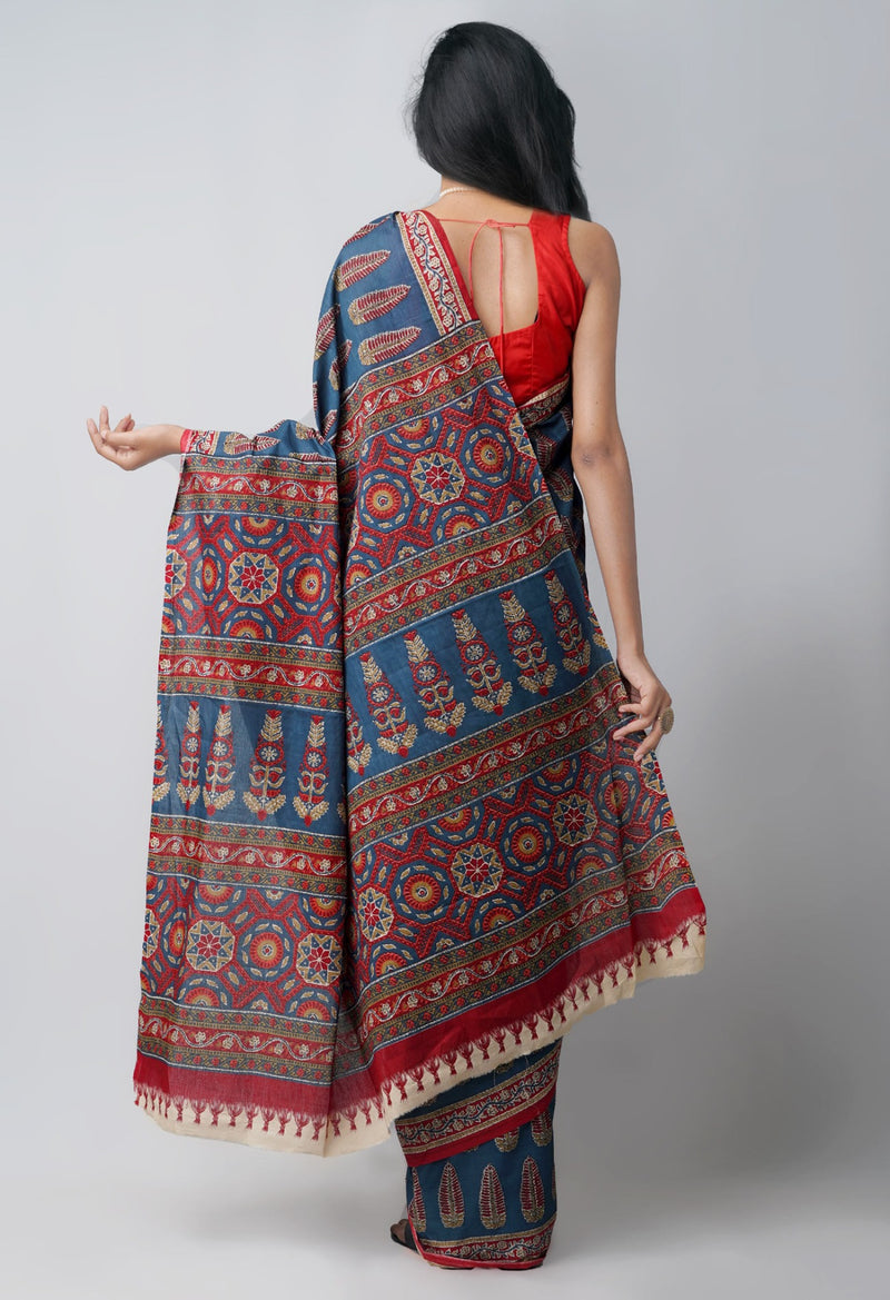 Online Shopping for Grey Pure Block Printed Superfine Krisha Cotton Saree with Hand Block Prints from Rajasthan at Unnatisilks.comIndia
