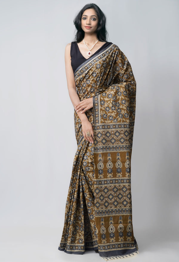 Brown Pure Block Printed Superfine Krisha Cotton Saree-UNM61729