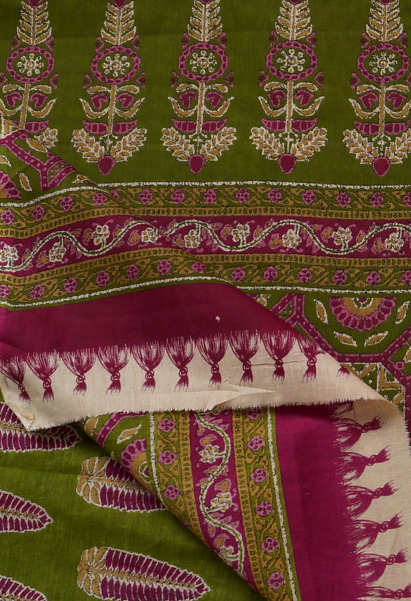 Green Pure Block Printed Superfine Krisha Cotton Saree