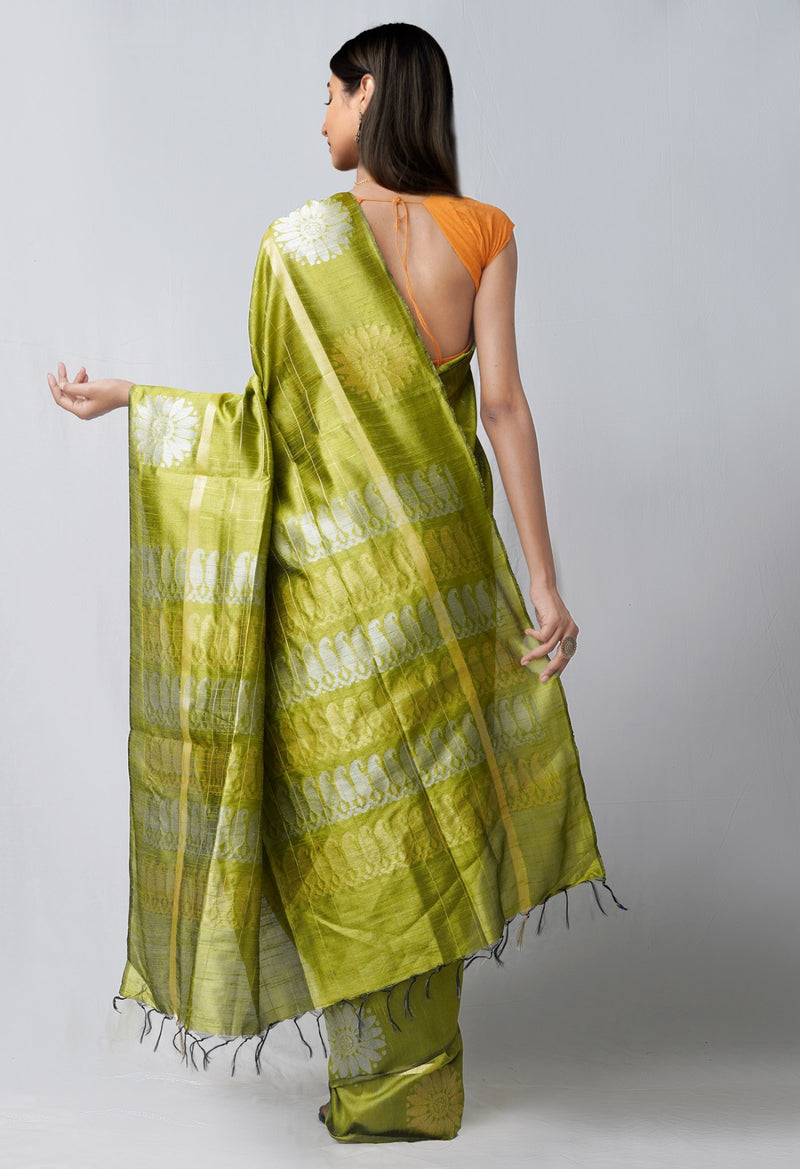 Online Shopping for Green  Bengal Linen Saree with Weaving from West Bengal at Unnatisilks.comIndia
