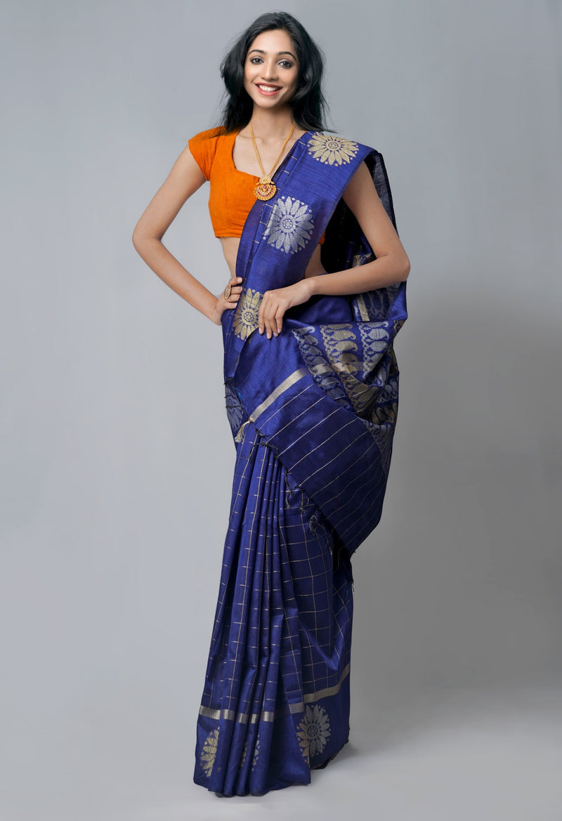 Online Shopping for Navy Blue  Bengal Linen Saree with Weaving from West Bengal at Unnatisilks.comIndia
