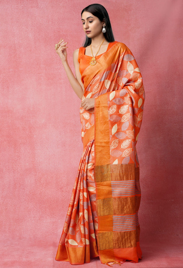 Online Shopping for Red Pure Handloom Bengal Tussar Silk Saree with Hand Block Prints from West Bengal at Unnatisilks.comIndia
