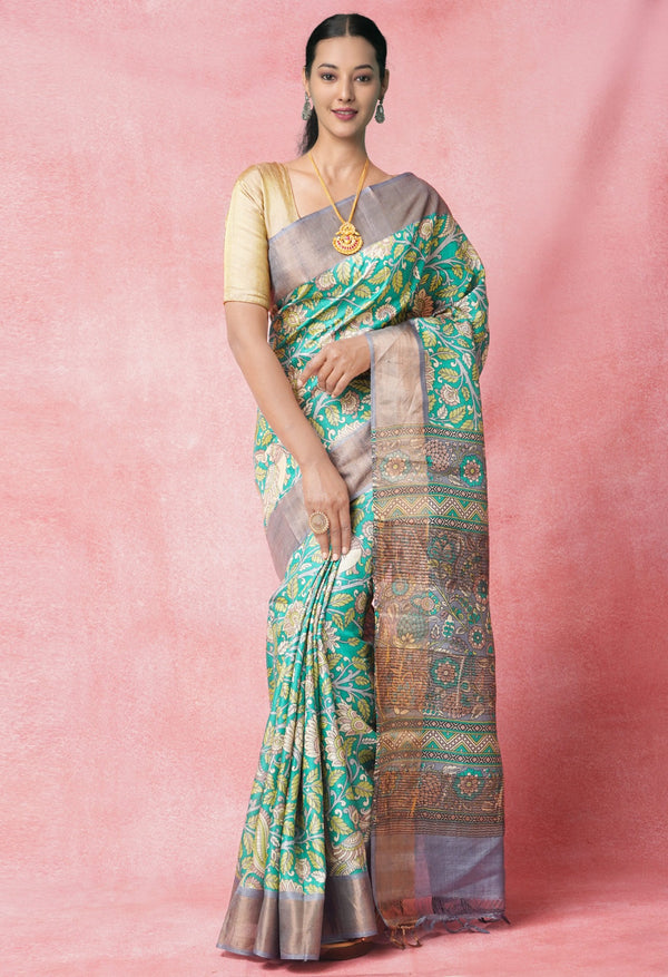 Green Pure Handloom Bengal Tussar Silk Saree