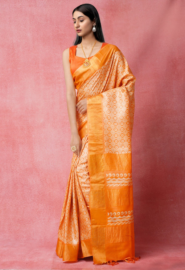 Online Shopping for Orange Pure Handloom Bengal Tussar Silk Saree with Hand Block Prints from West Bengal at Unnatisilks.comIndia
