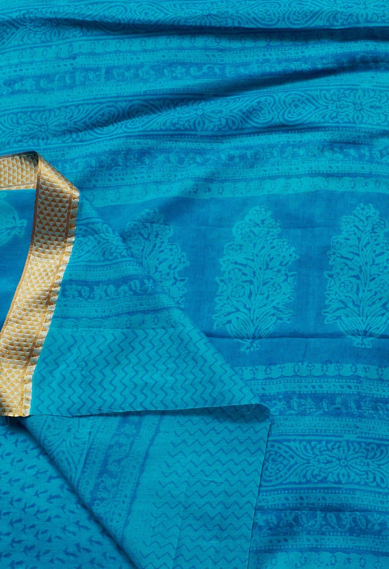 Blue Pure Block Printed Superfine Mulmul Cotton Saree-UNM61842