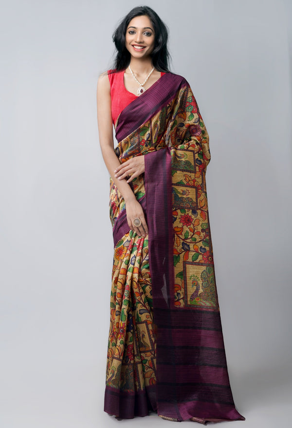 Online Shopping for Brown  Kalamkari Jute Saree with Kalamkari from Andhra Pradesh at Unnatisilks.comIndia
