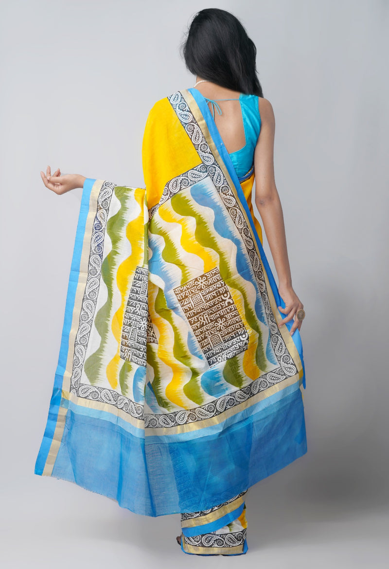 Online Shopping for Yellow Pure Block Printed Kerala Cotton Saree with Batik from Rajasthan at Unnatisilks.comIndia
