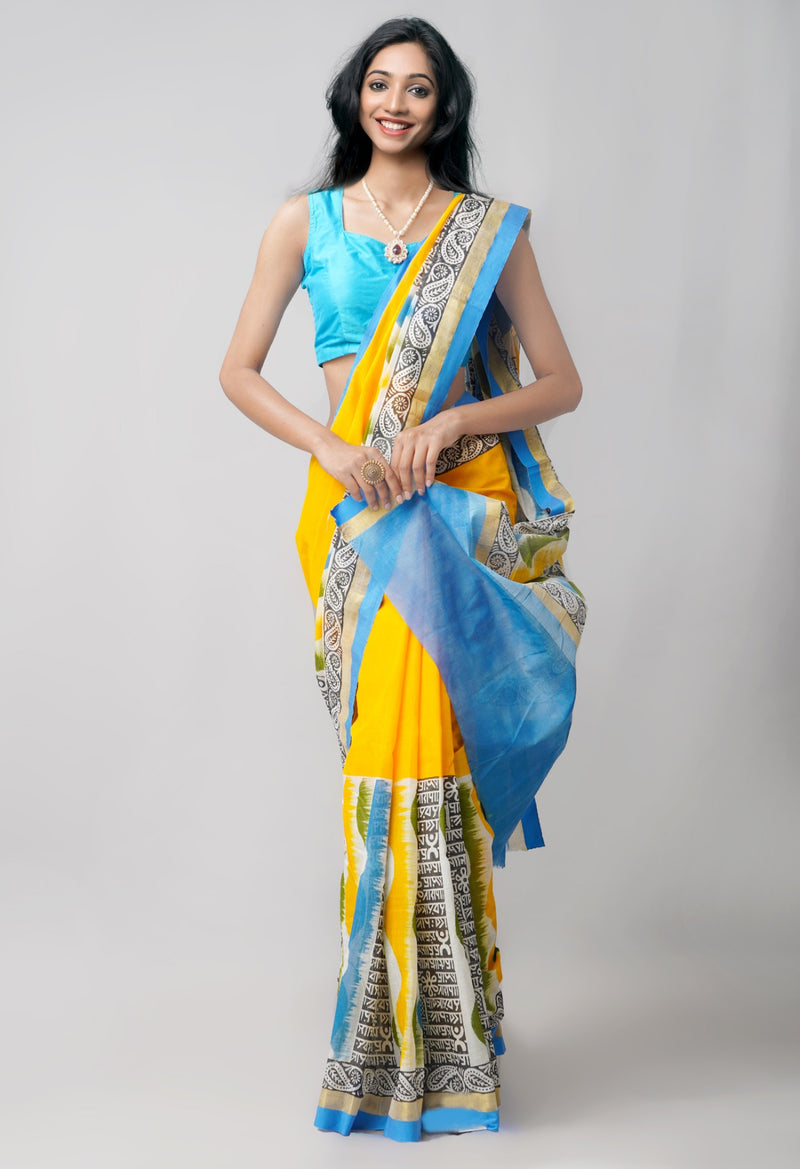 Yellow Pure Block Printed Kerala Cotton Saree
