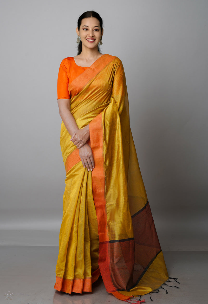 Mustard Yellow Chanderi Sico Saree-UNM61865