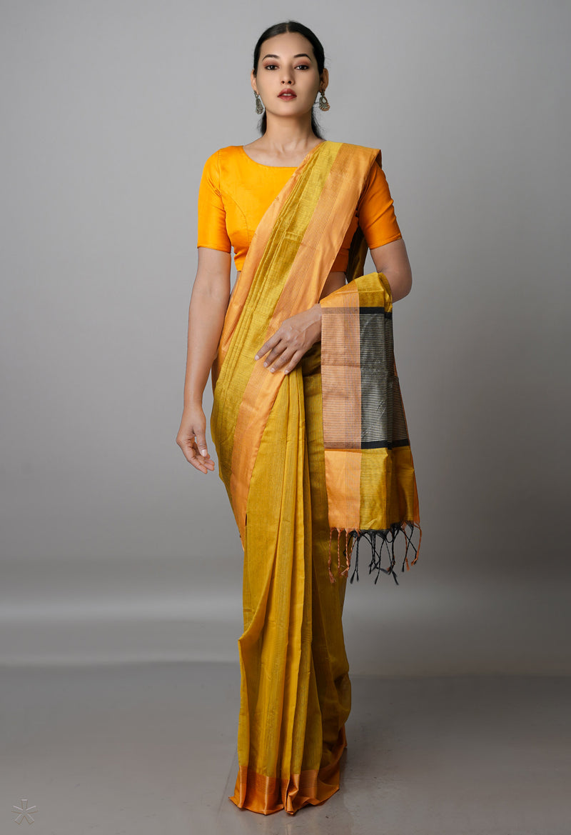 Mustard Yellow Chanderi Sico Saree-UNM61866