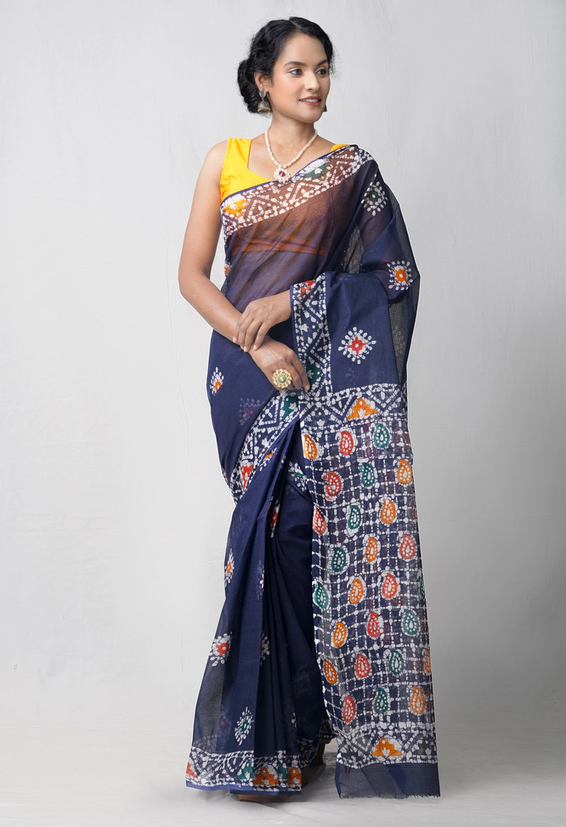 Online Shopping for Navy Blue Pure Batik Kota cotton Cotton Saree with Batik from Rajasthan at Unnatisilks.comIndia
