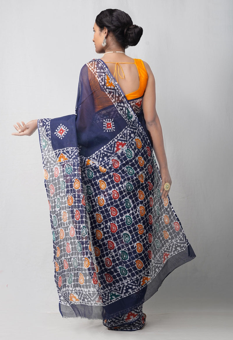 Online Shopping for Navy Blue Pure Batik Kota cotton Cotton Saree with Batik from Rajasthan at Unnatisilks.comIndia
