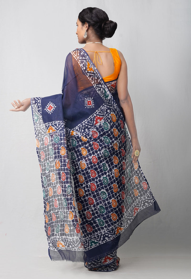 Online Shopping for Navy Blue Pure Batik Kota cotton Cotton Saree with Batik from Rajasthan at Unnatisilks.comIndia
