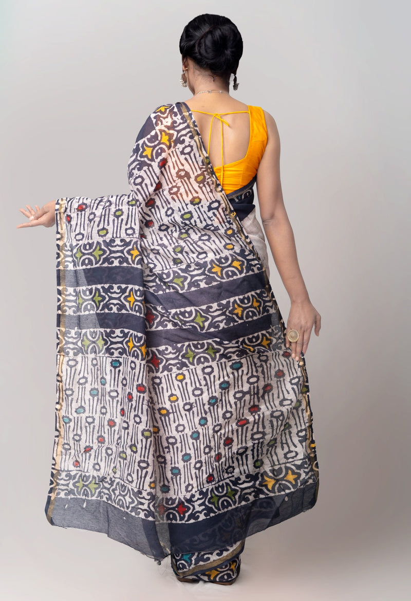Online Shopping for Black Pure Chanderi Sico Saree with Batik from Rajasthan at Unnatisilks.comIndia
