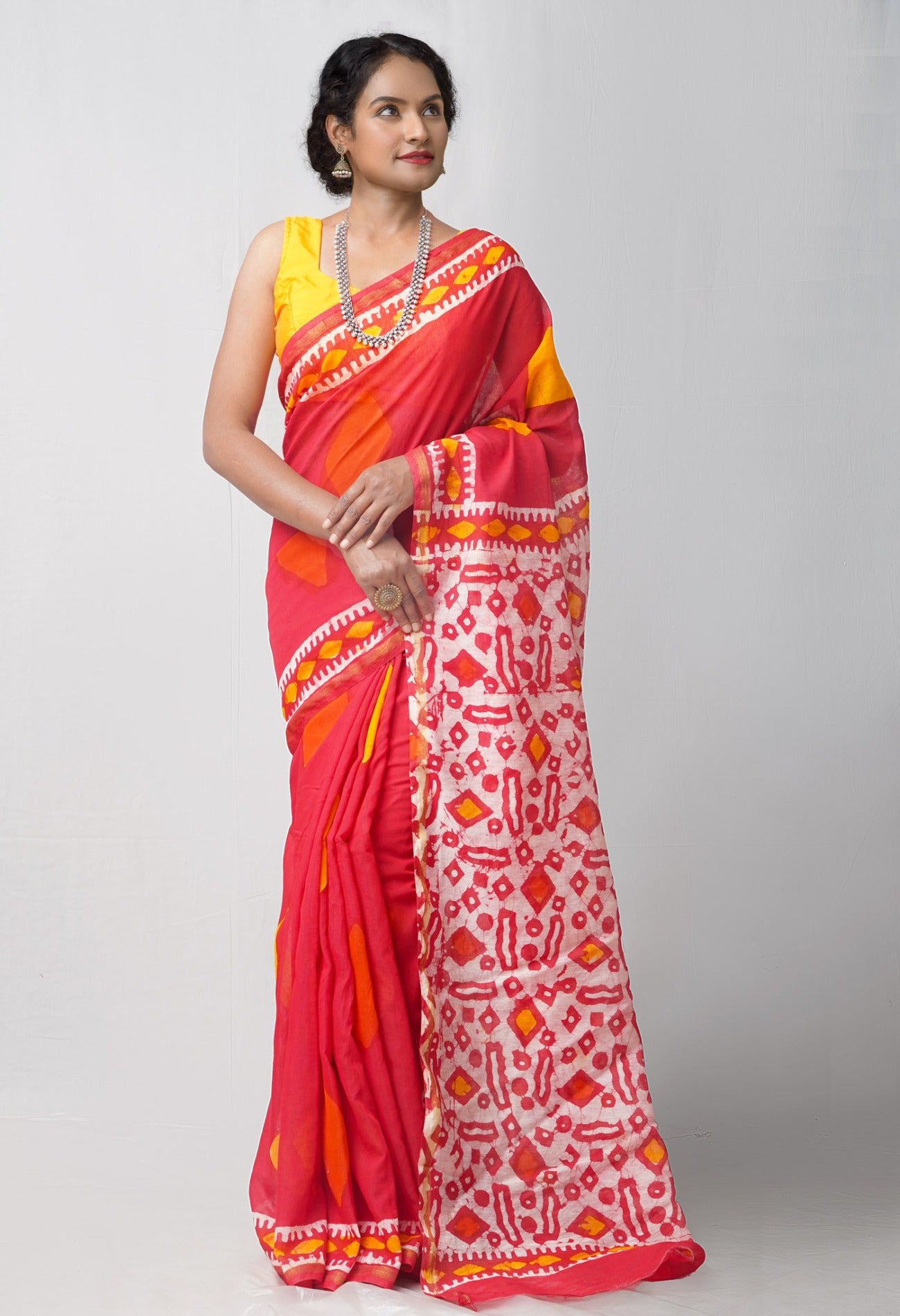 Online Shopping for Red Pure Chanderi Sico Saree with Batik from Madhya Pradesh at Unnatisilks.comIndia
