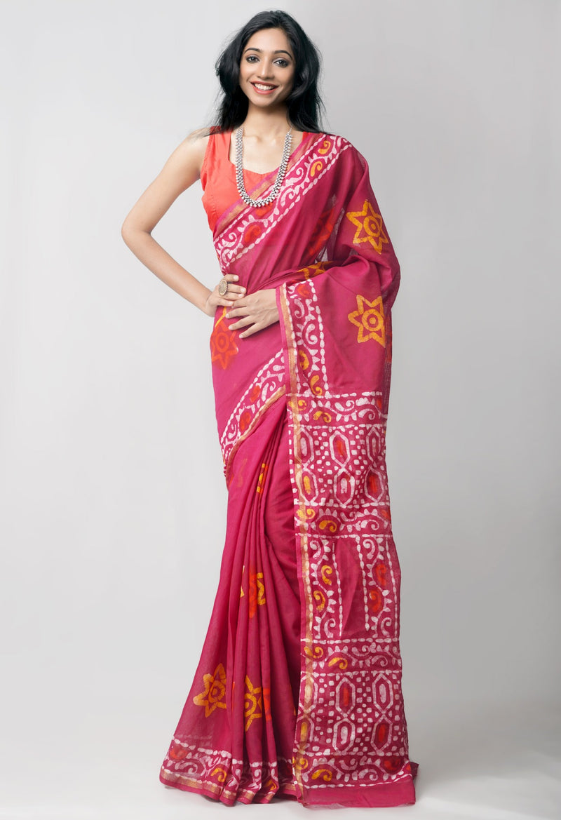 Online Shopping for Maroon Pure Chanderi Sico Saree with Batik from Madhya Pradesh at Unnatisilks.comIndia
