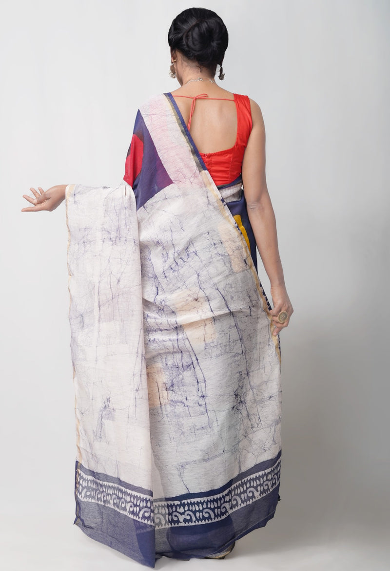 Online Shopping for Navy Blue Pure Chanderi Sico Saree with Batik Prints from Madhya Pradesh at Unnatisilks.com India

