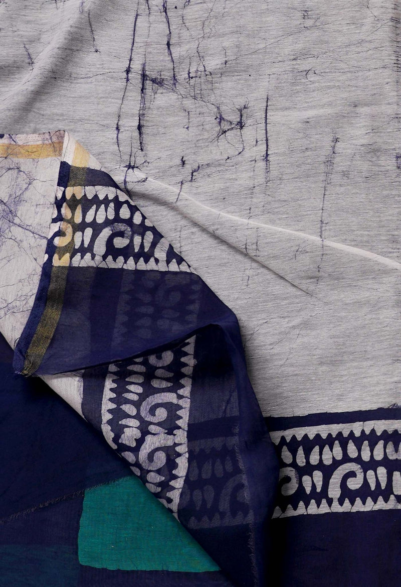 Online Shopping for Navy Blue Pure Chanderi Sico Saree with Batik Prints from Madhya Pradesh at Unnatisilks.com India
