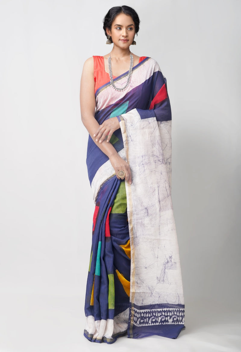 Online Shopping for Navy Blue Pure Chanderi Sico Saree with Batik Prints from Madhya Pradesh at Unnatisilks.com India

