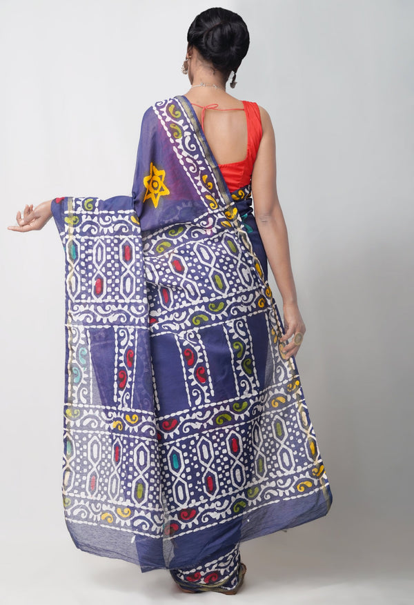 Online Shopping for Navy Blue Pure Chanderi Sico Saree with Batik from Madhya Pradesh at Unnatisilks.comIndia
