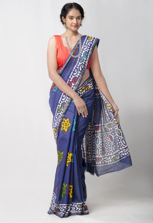 Online Shopping for Navy Blue Pure Chanderi Sico Saree with Batik from Madhya Pradesh at Unnatisilks.comIndia
