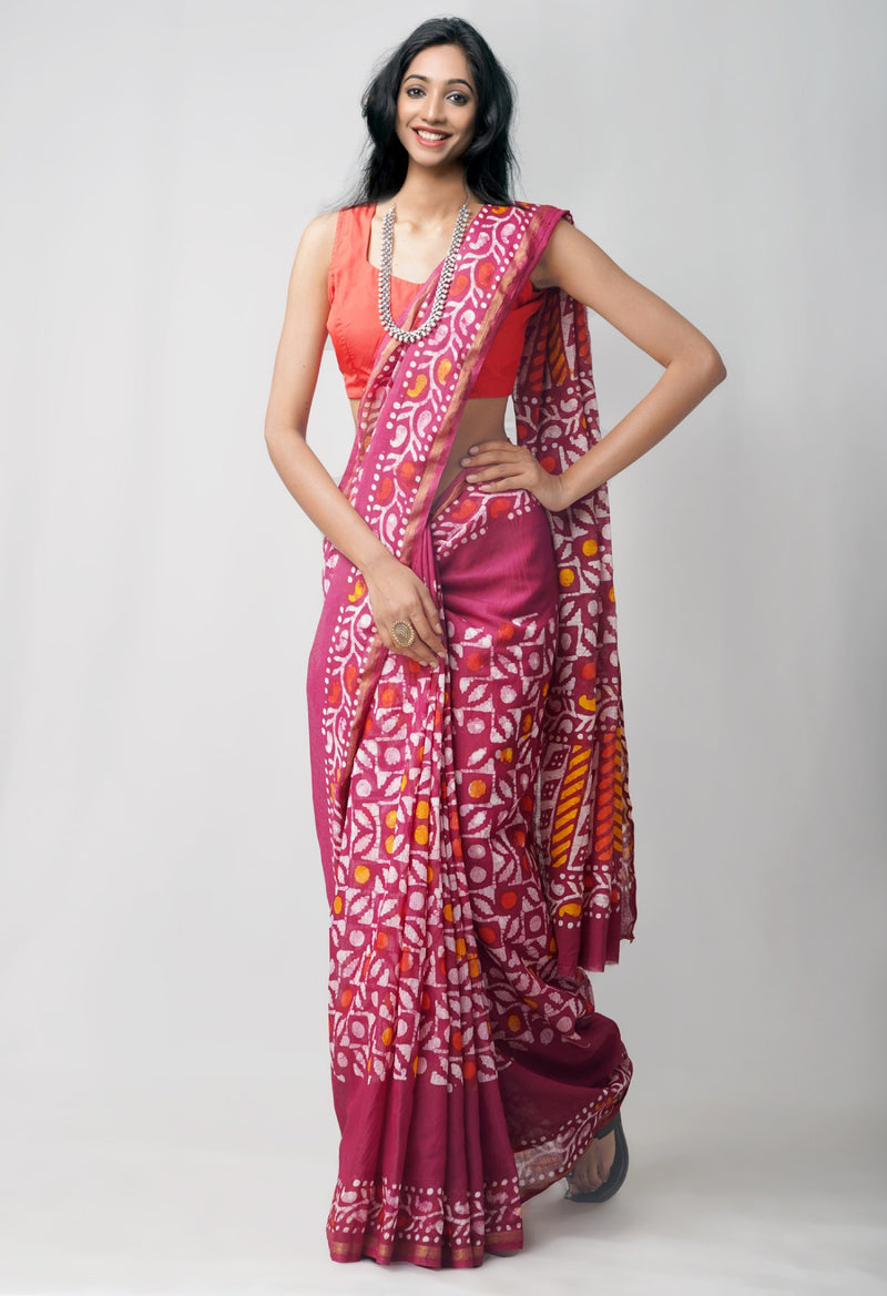 Online Shopping for Maroon Pure Chanderi Sico Saree with Batik Prints from Madhya Pradesh at Unnatisilks.com India

