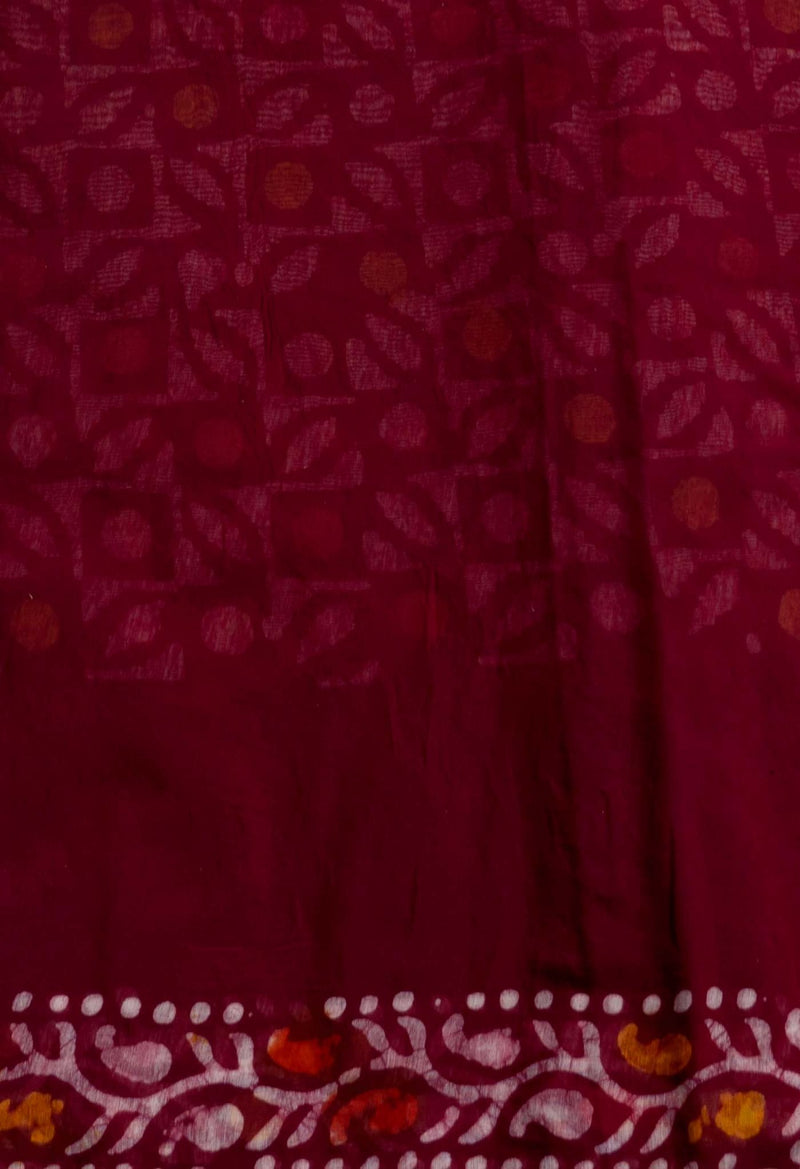 Online Shopping for Maroon Pure Chanderi Sico Saree with Batik Prints from Madhya Pradesh at Unnatisilks.com India
