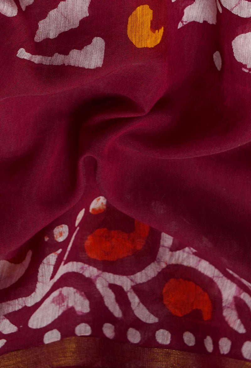 Online Shopping for Maroon Pure Chanderi Sico Saree with Batik Prints from Madhya Pradesh at Unnatisilks.com India
