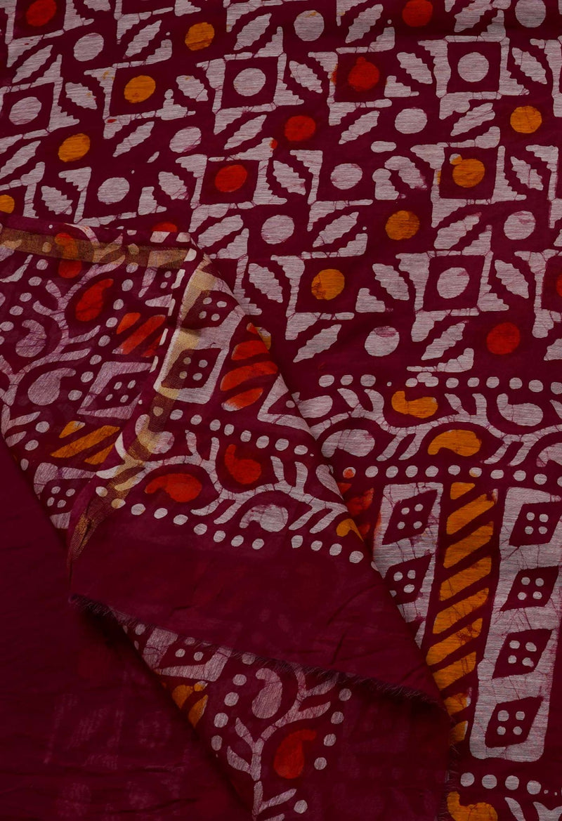 Online Shopping for Maroon Pure Chanderi Sico Saree with Batik Prints from Madhya Pradesh at Unnatisilks.com India
