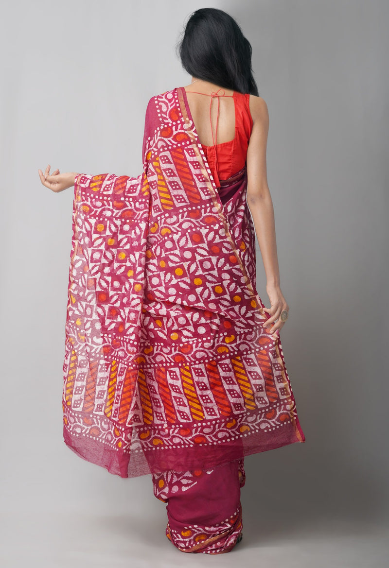 Online Shopping for Maroon Pure Chanderi Sico Saree with Batik Prints from Madhya Pradesh at Unnatisilks.com India
