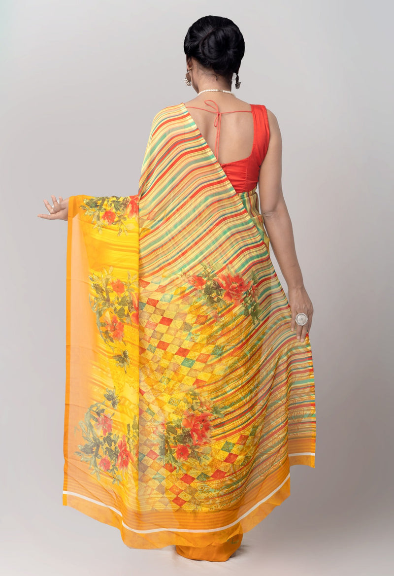 Online Shopping for Yellow  Printed Art Chiffon Saree with Chiffon from Punjab at Unnatisilks.comIndia
