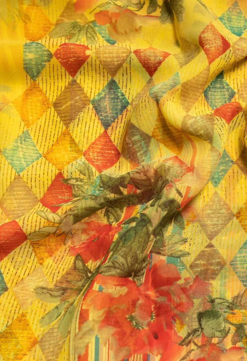 Yellow  Printed Art Chiffon Saree