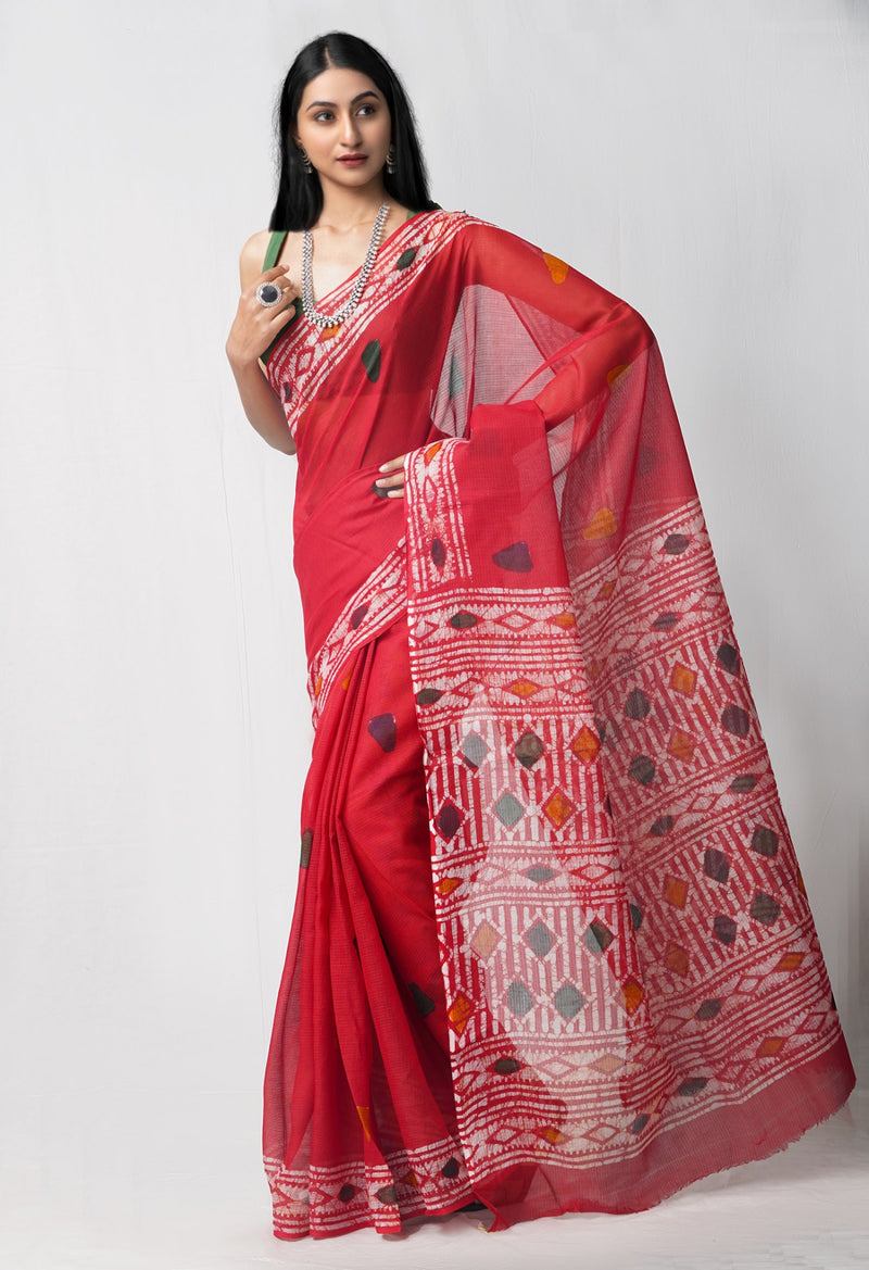 Online Shopping for Red Pure Batik Kota Cotton Saree with Batik from Rajasthan at Unnatisilks.comIndia
