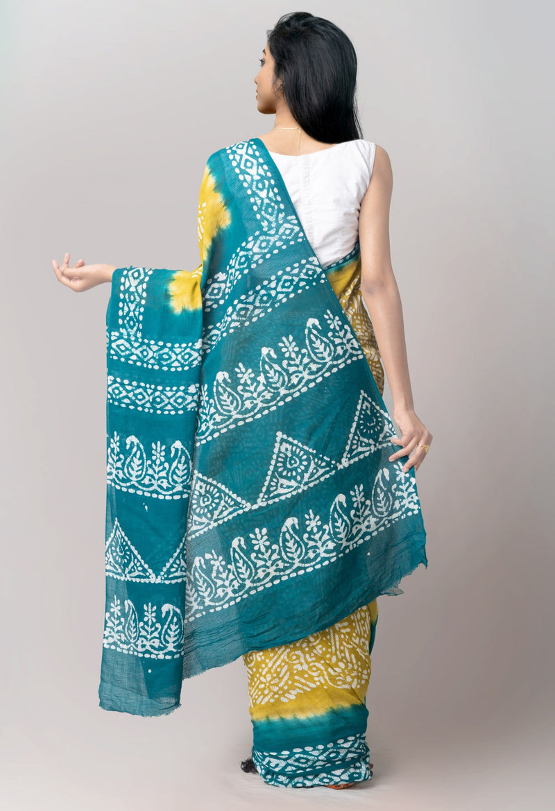 Online Shopping for Yellow Pure Batik Kota Cotton Saree with Batik Prints from Rajasthan at Unnatisilks.com India
