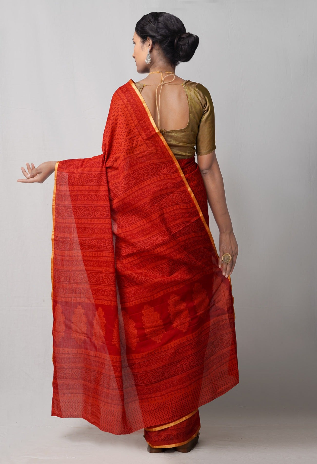 Online Shopping for Orange  Mulmul Cotton Saree with Hand Block Prints from Rajasthan at Unnatisilks.comIndia
