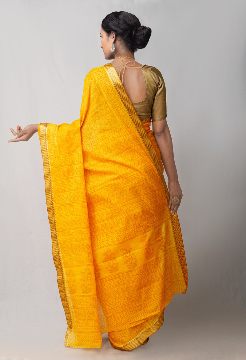 Online Shopping for Yellow  Mulmul Cotton Saree with Hand Block Prints from Rajasthan at Unnatisilks.comIndia
