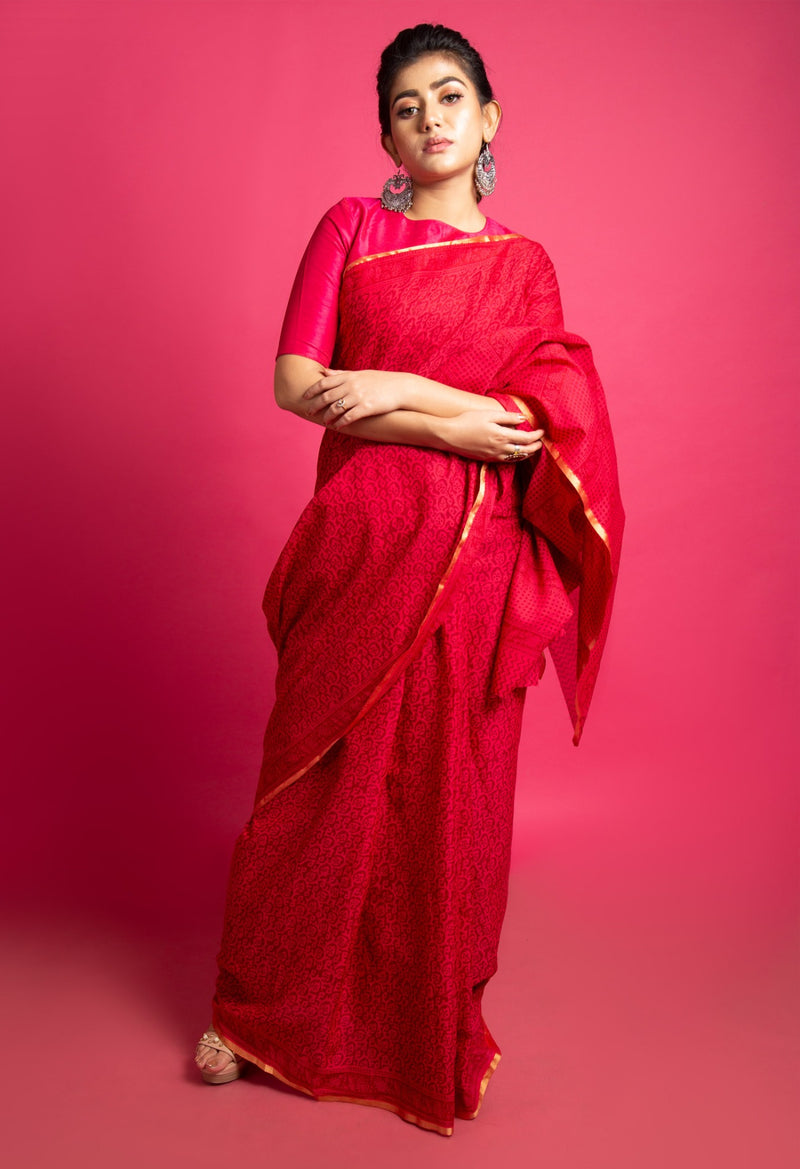 Online Shopping for Pink  Mulmul Cotton Saree with Hand Block Prints from Rajasthan at Unnatisilks.comIndia