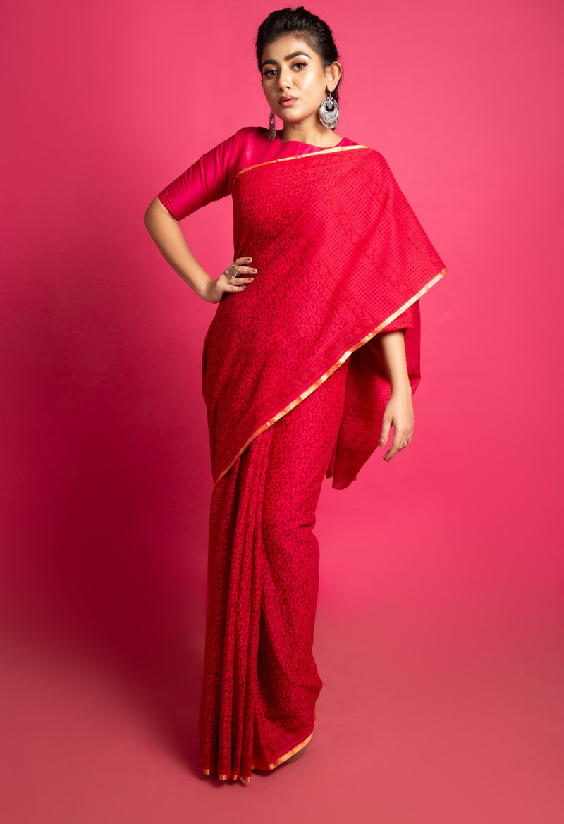 Pink  Mulmul Cotton Saree